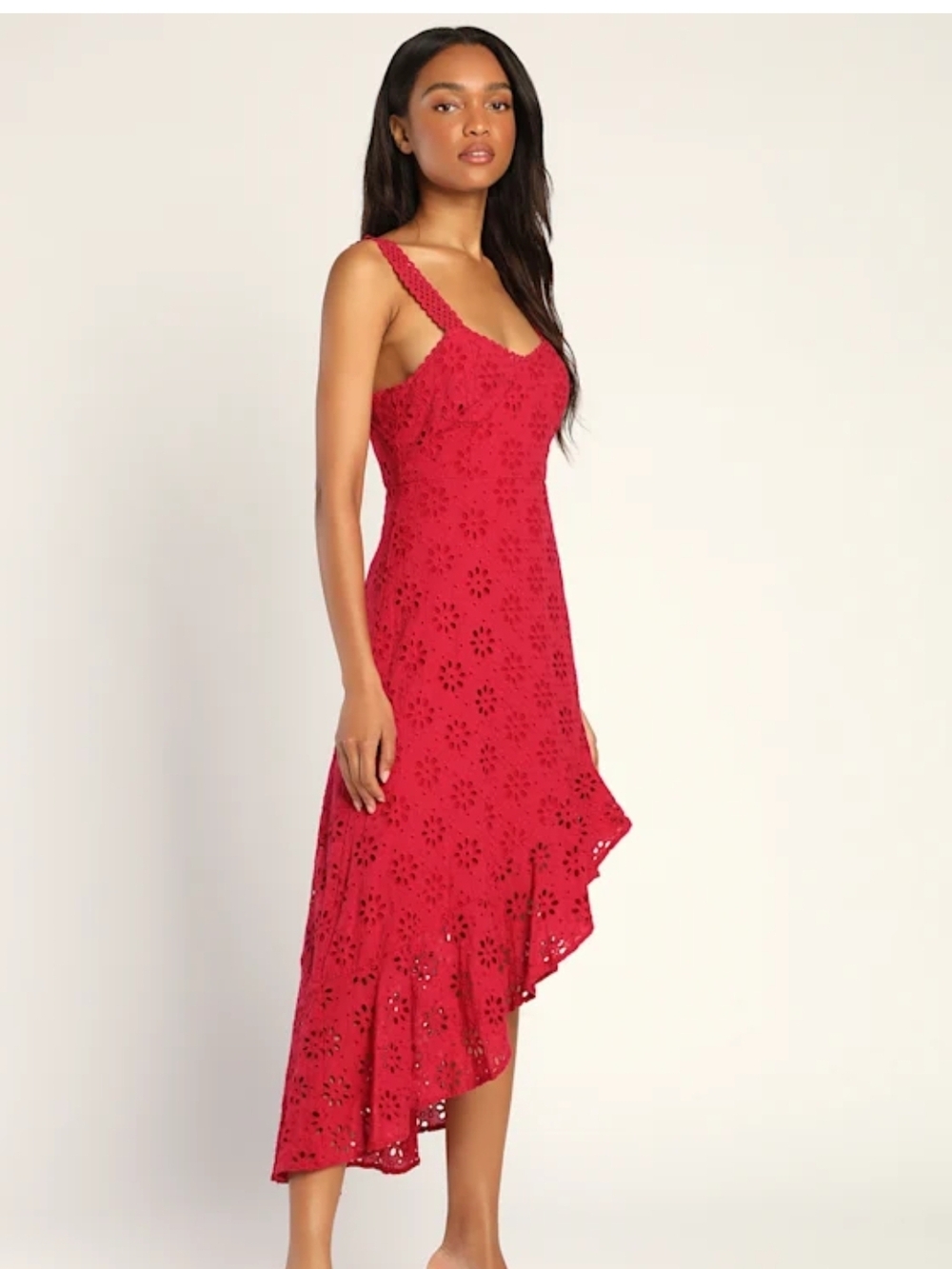 Lulu's Crimson Eyelet Asymmetrical Midi Dress Medium - Picture 2 of 15